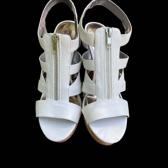 White Strappy Wedge Sandals With Cork Heel Size 9M By Carlos - Picture 8 of 8